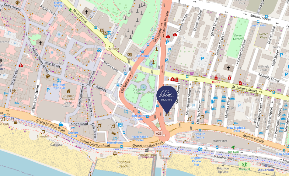A map of Old Steine in Brighton. There is a dark blue pin in the location of where the Burt Brill & Cardens office is.